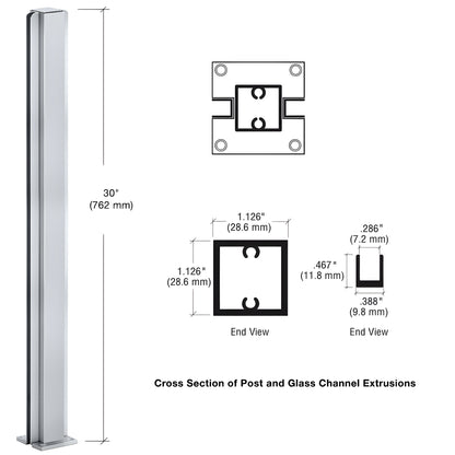 Satin anodized aluminum 30" square partition post with U-channel glazing for 1/4" glass (SKU D990A30C)