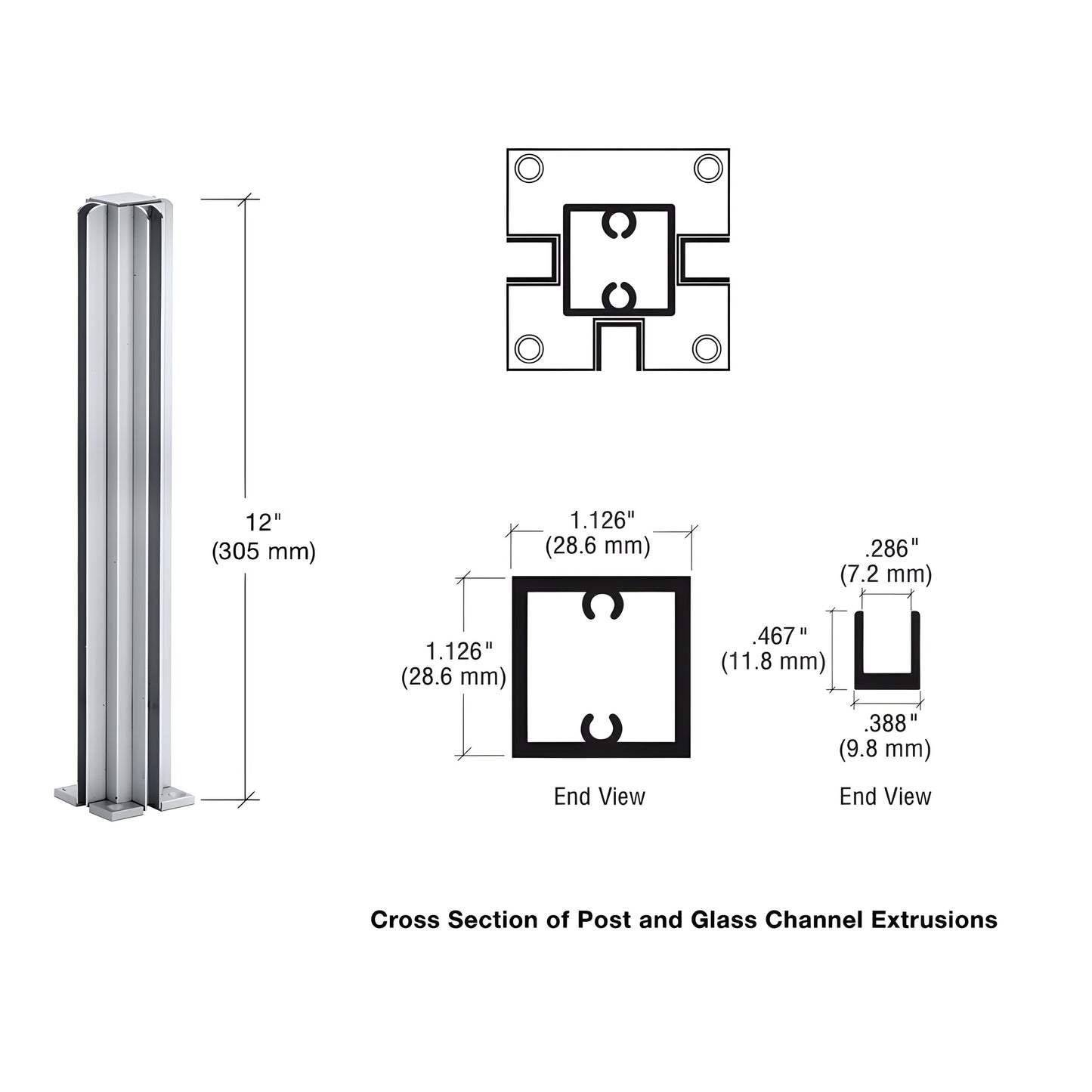 Aluminum satin-anodized square 12 in partition post (3-way) with U-channel for 1/4 in glass, flat cap, mounting base.