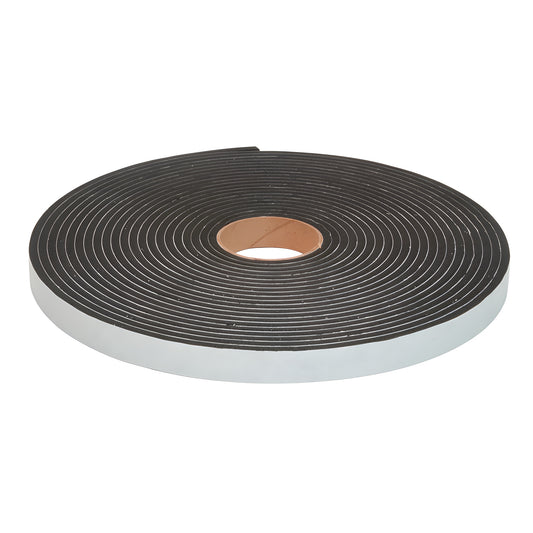 Black closed-cell foam tape roll with white paper liner, 1 in x 50 ft, 1/4 in thick - SKU V66614