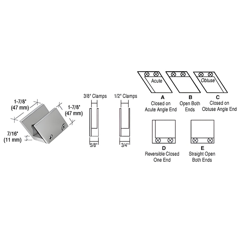 RH4438BN brushed-nickel reversible 52 slant open center glass clamp, solid brass, for 3/8" (10mm) tempered glass.