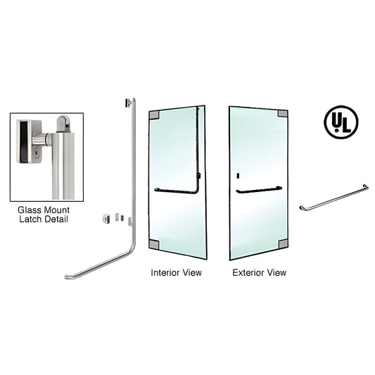 Brushed stainless steel 1-1/4" diameter glass door panic handle for 3/4" tempered glass, interior and exterior views.