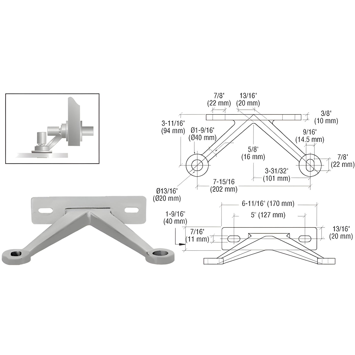 FMH2VBS stainless steel wall mount bracket for single monolithic tempered glass panel with mounting studs and diagram.