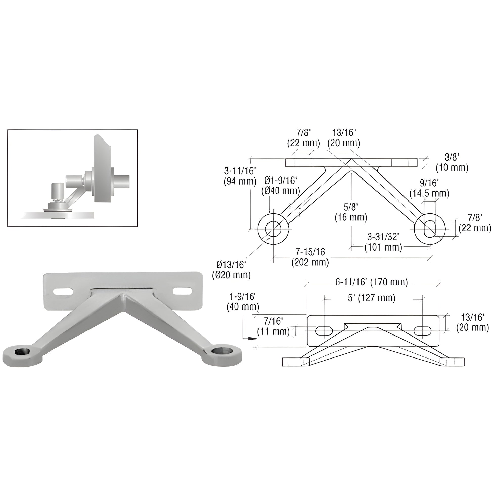 FMH2VBS stainless steel wall mount bracket for single monolithic tempered glass panel with mounting studs and diagram.