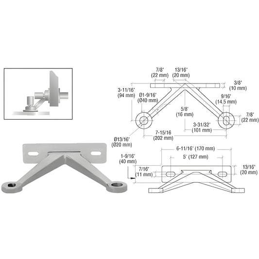 FMH2VBS stainless steel wall mount bracket for single monolithic tempered glass panel with mounting studs and diagram.