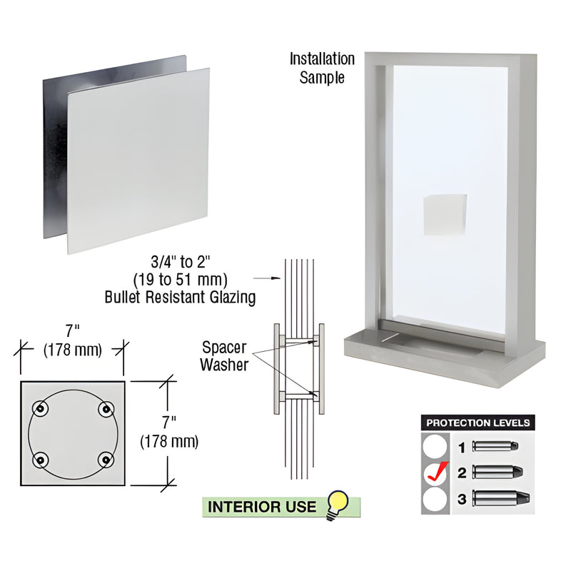 SKU N777: polished stainless 7" square bullet-resistant speak-thru, fits 3/4"-2" glazing, Level 2 protection.