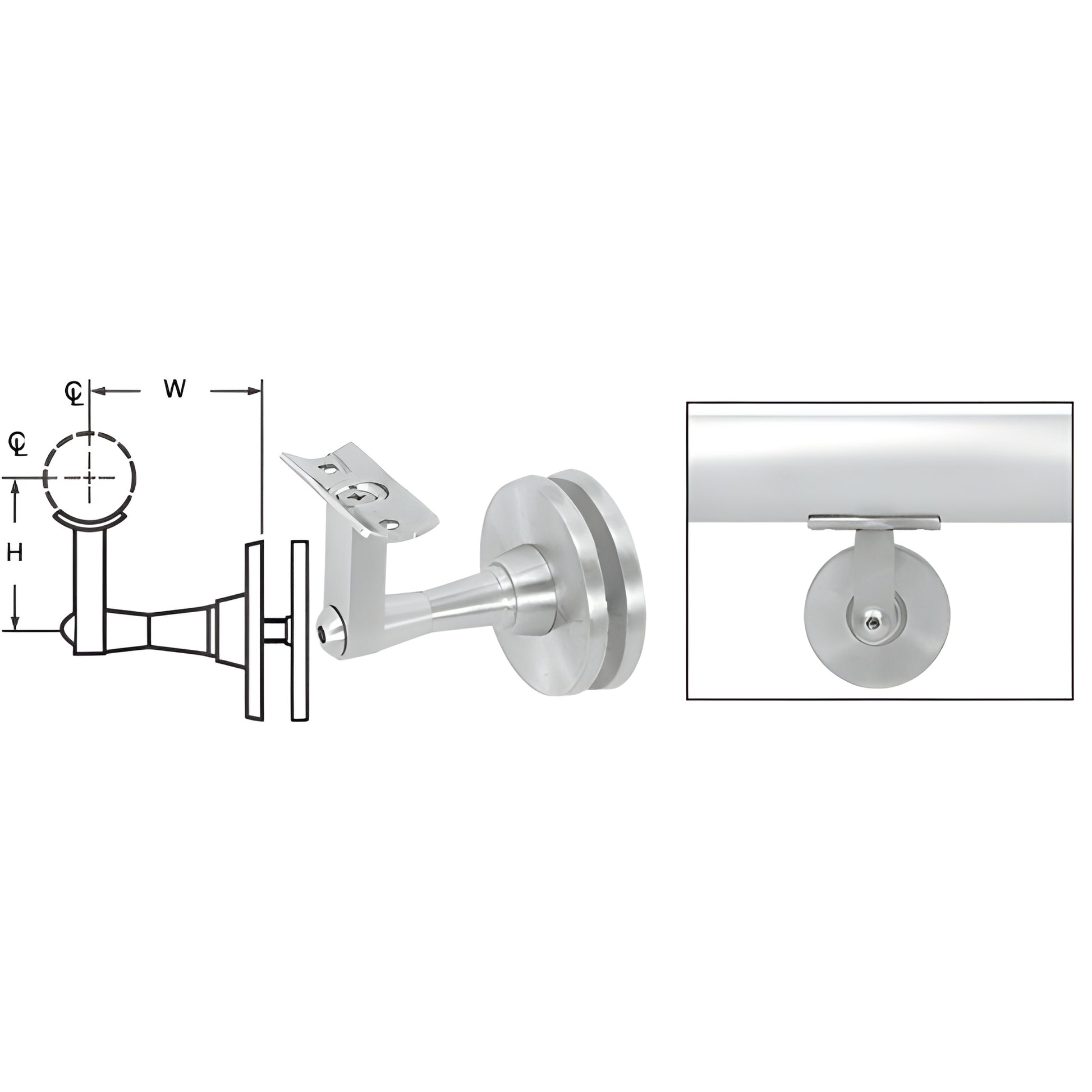HR2SGMA adjustable glass-mounted aluminum handrail bracket, mill finish; fits 1-1/2-2 in tubing, 2-7/8 in projection.