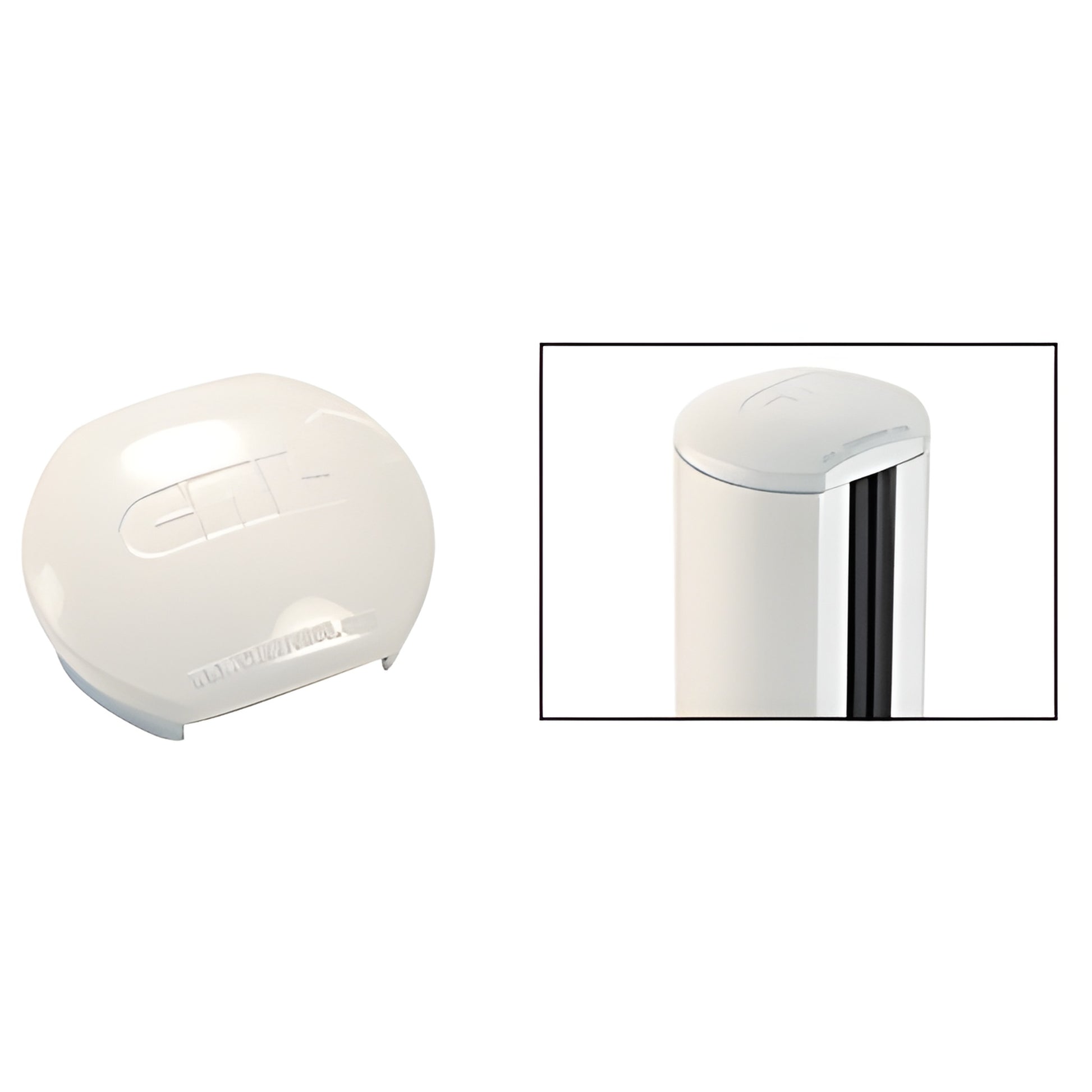 PC1RW Sky White round post top cap, aluminum alloy slip-on cap shown alone and installed on round post.