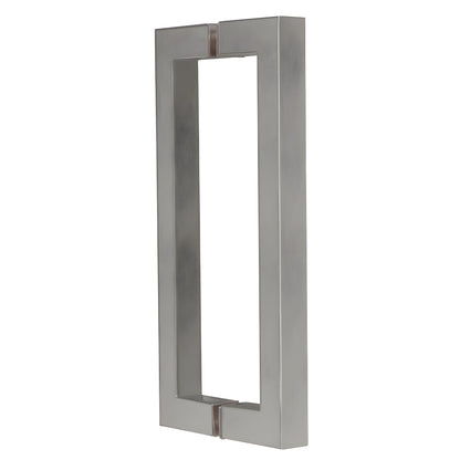 Brushed-nickel square-corner rectangular shower door pull handle, back-to-back mount, 8" center spacing (SKU SQ8X8BN)