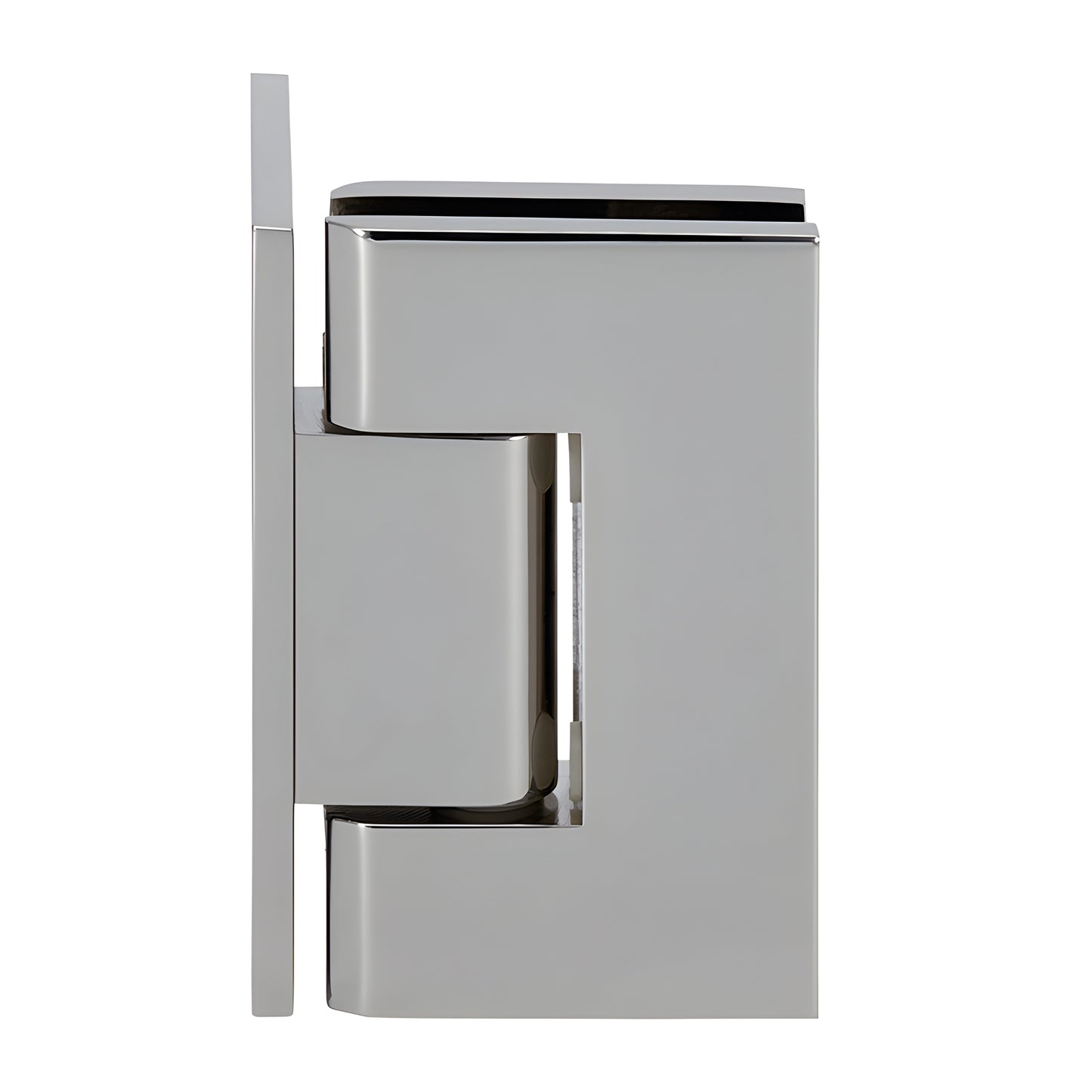 Polished nickel brass Junior Geneva glass shower hinge, wall-mount offset back plate for 1/4-5/16 glass (SKU JRG044PN)