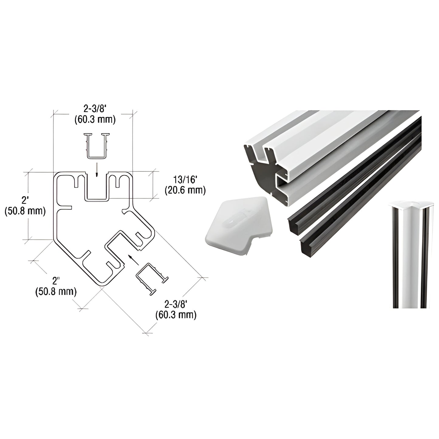 S725KS 135 aluminum corner glass post kit, silver finish with top cap and vinyl strips, fits 1/4-1/2 in glass.