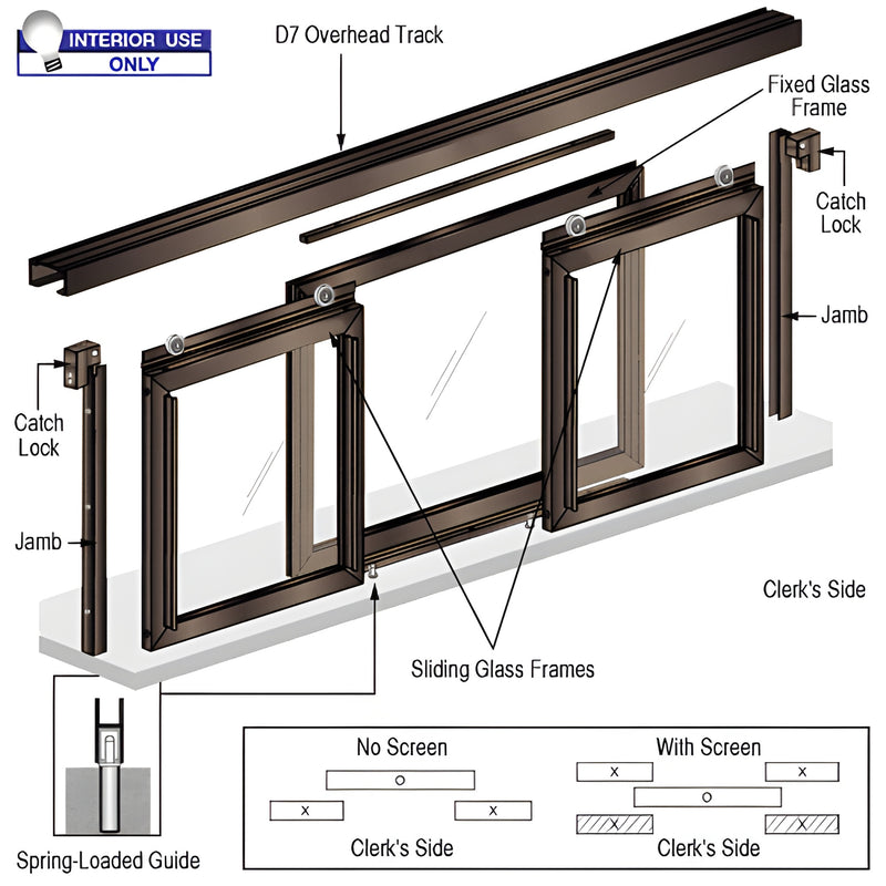 Three-panel interior pass-thru window, duranodic bronze anodized frame, fixed center with two sliding end panels on D7 overhe