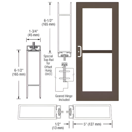DZ51922: Black bronze anodized commercial wide stile entrance door, 5" stiles, 6.5" bottom rail, glass openings, geared hinge