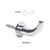 Polished chrome solid brass robe hook (DRH1CH) with through-glass mount for frameless shower doors.