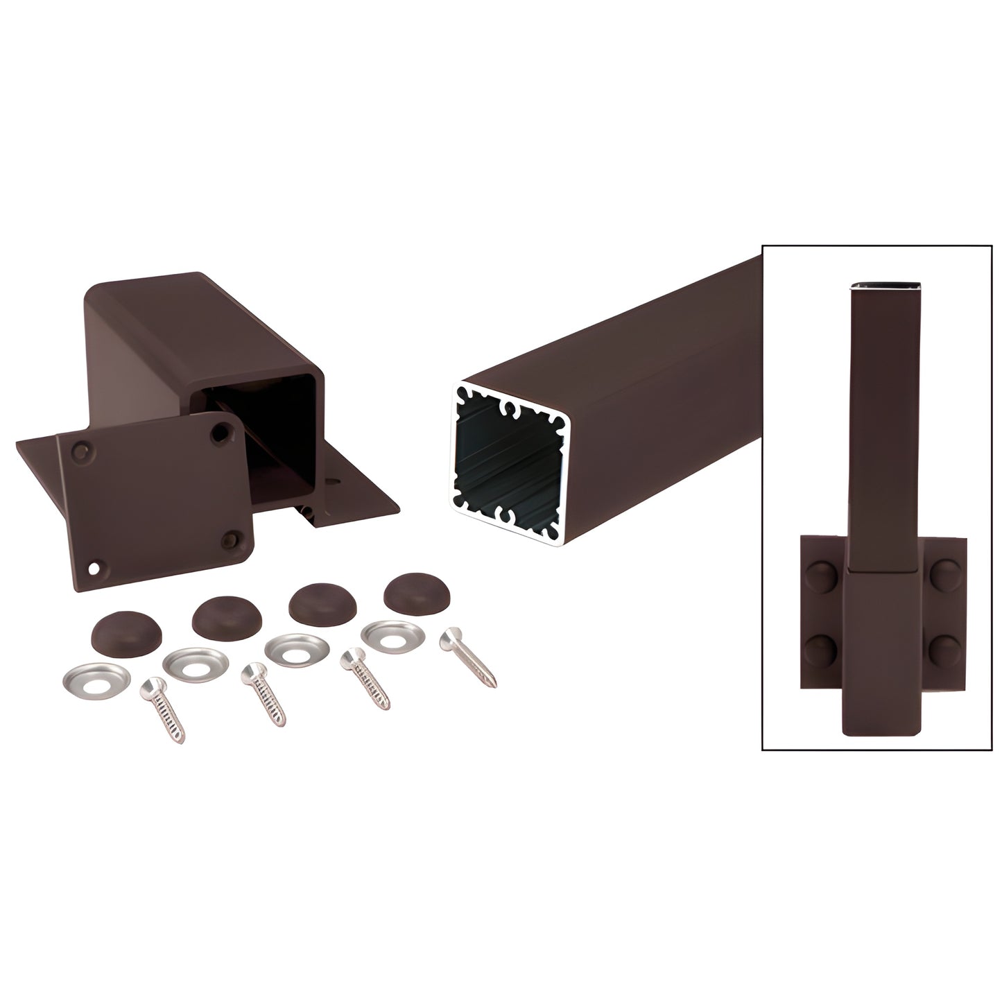 Matte bronze aluminum fascia-mount post kit (SKU FP48KBRZ) with 2-3/8" square post, bracket, screws, washers and caps.
