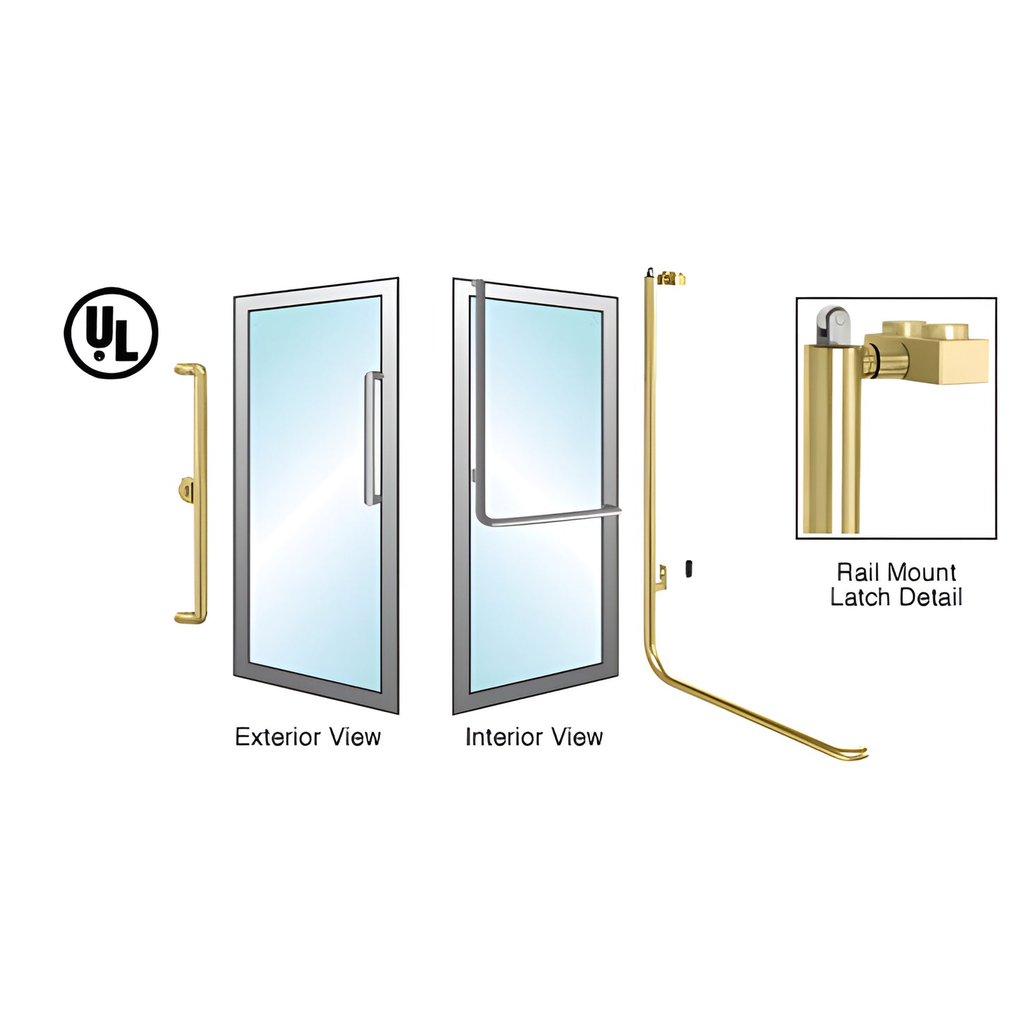 Satin brass PA100X4AKSB panic handle for 1/2" or 3/4" tempered glass doors; interior push bar, exterior keyed, UL listed.
