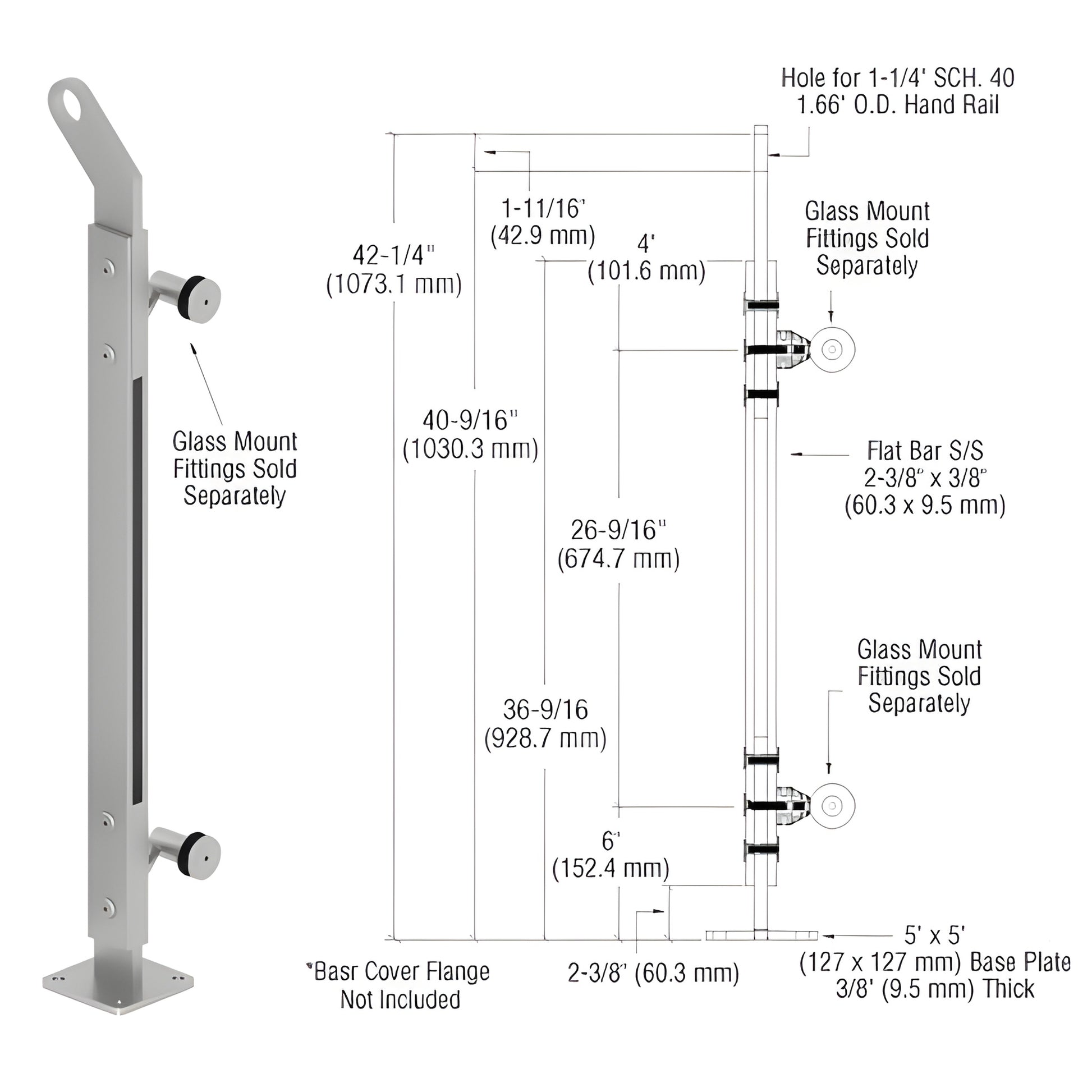 Stainless steel P2 surface-mounted railing post (SKU P242LEPSC), 42" high with 5"x5" base plate, polished finish