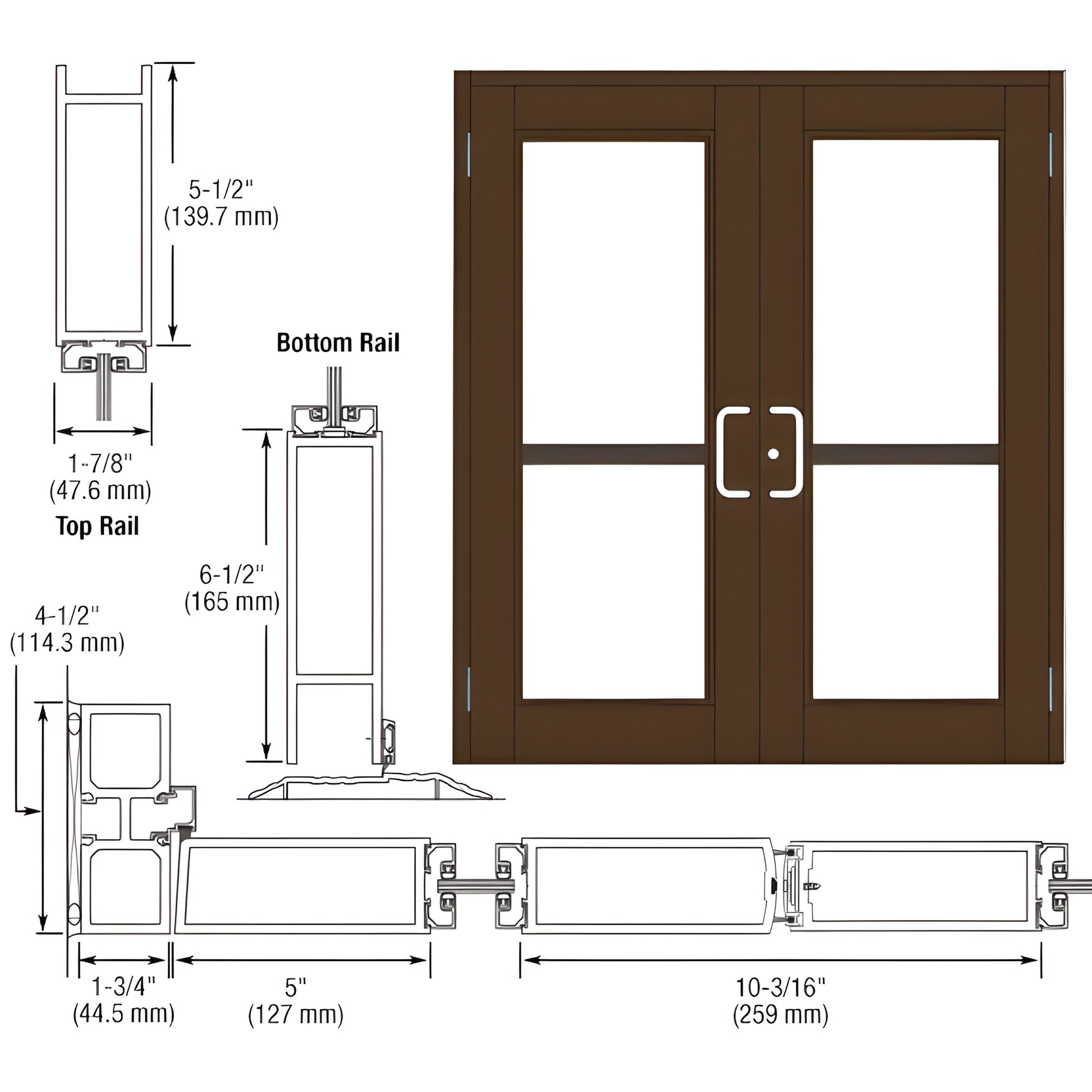 DZ92522 black bronze anodized commercial double entrance door with glass panels, 5" stiles, 61 2" bottom rail
