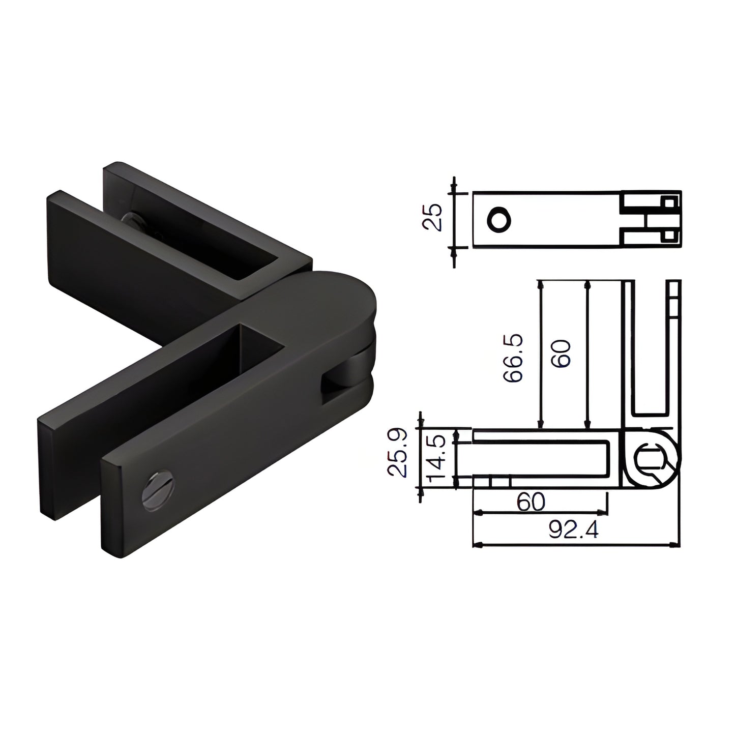 Matte black adjustable glass-to-glass bracing clamp, Duplex 2205 stainless, no drill for 10-12mm glass - SKU GBCADJMBL