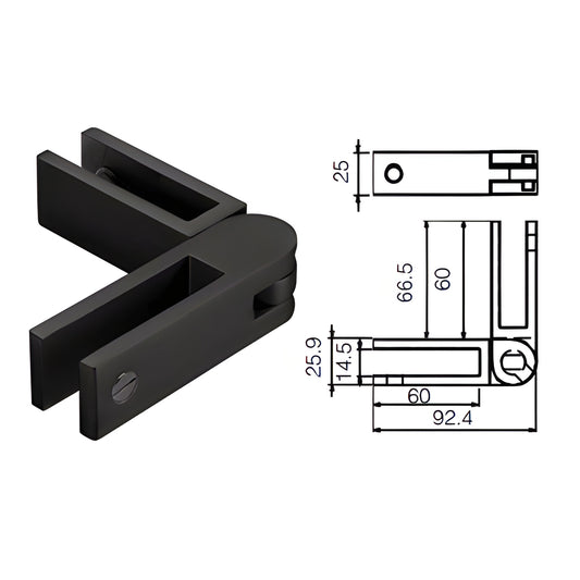 Matte black adjustable glass-to-glass bracing clamp, Duplex 2205 stainless, no drill for 10-12mm glass - SKU GBCADJMBL