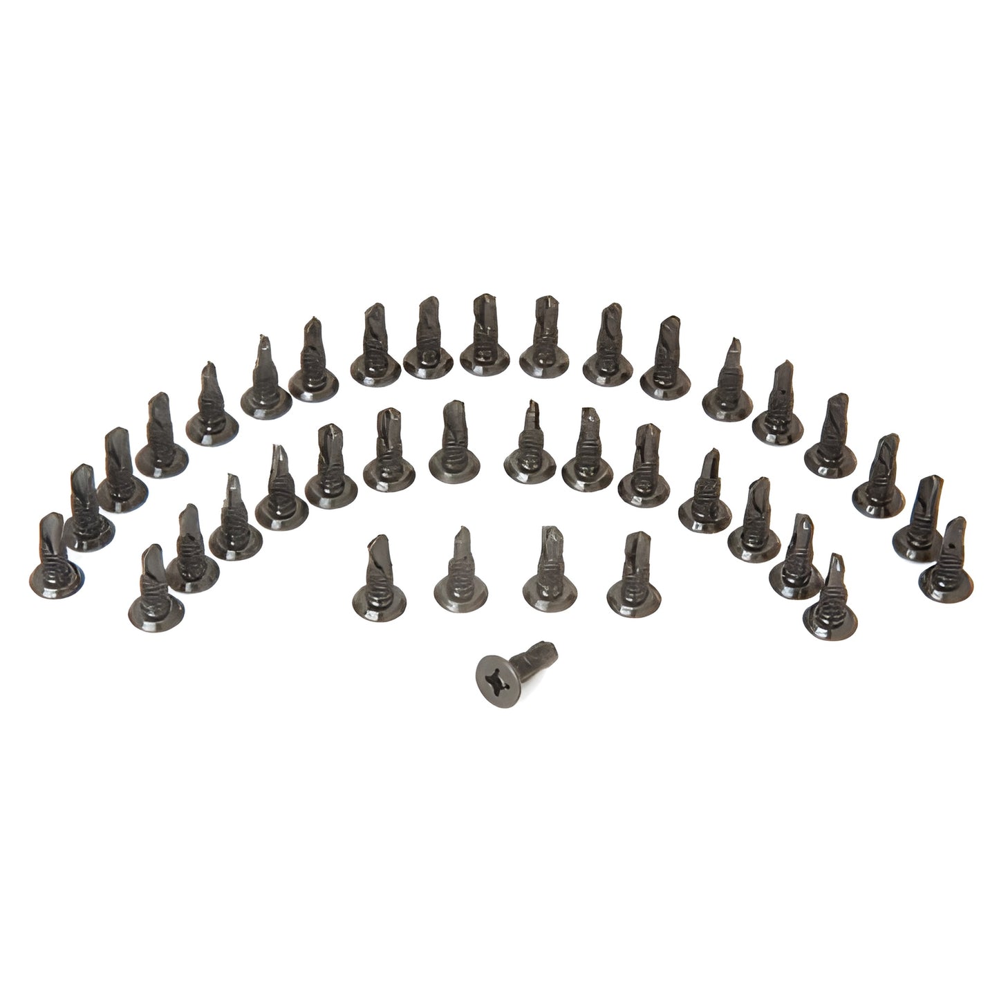 RSP300DU dark bronze replacement screws for CRL 300/350 continuous geared hinges, 20 pack, arranged on white background.