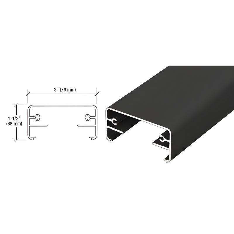 Matte black aluminum top rail profile (3" x 11 2") for glass or picket railing, 20'-1" stock - SKU 2XTR241BL