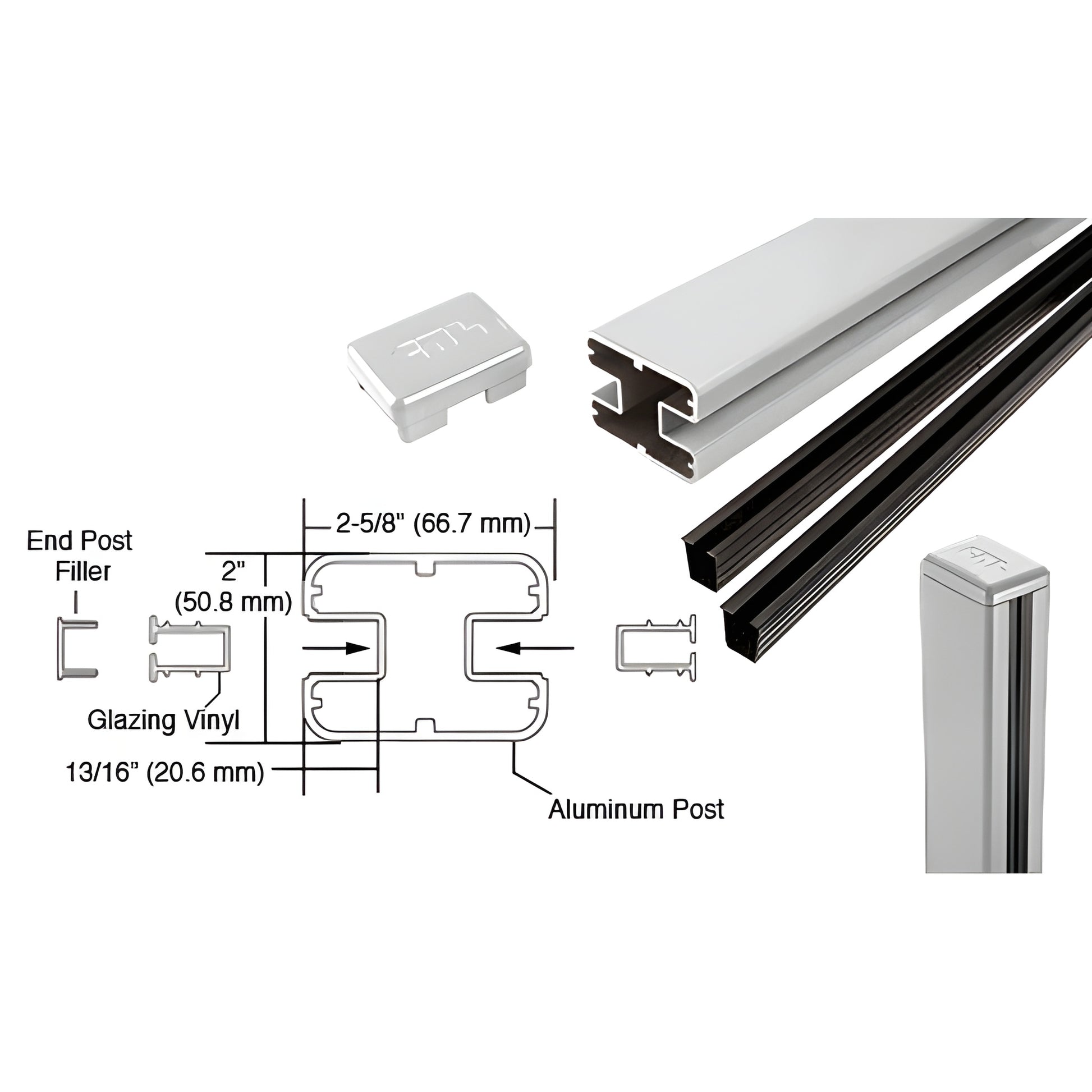 S36CKS 36" silver aluminum rectangular glass railing post kit with vinyl and cap; fits 1/4-3/8" glass.