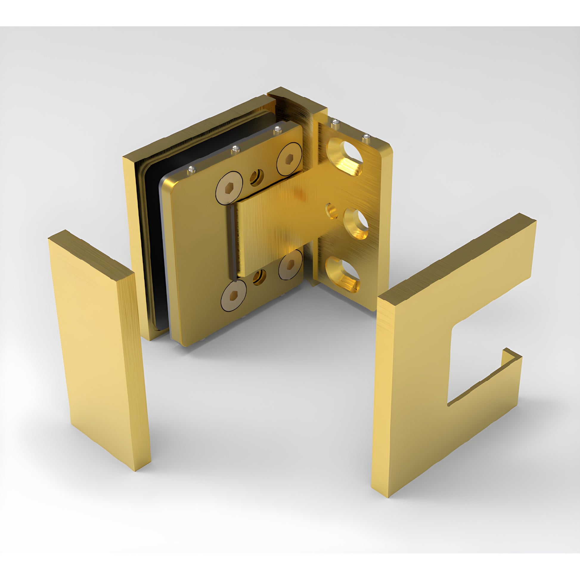 BEL344SB Bellagio satin brass frameless glass shower hinge, square profile for 8-10mm glass, wall-mount