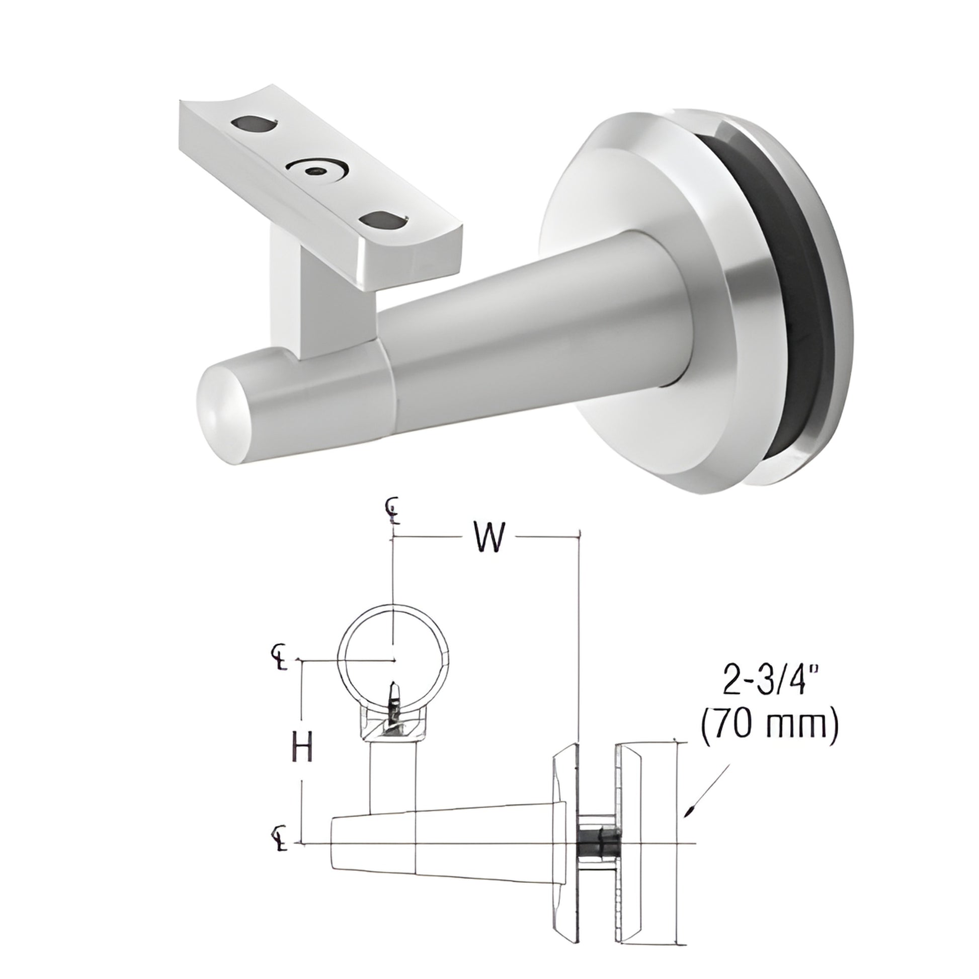 Satin anodized aluminum glass-mounted handrail bracket for 11 2-2 tubing, tapered arm, round base (SKU WBNSCSA)