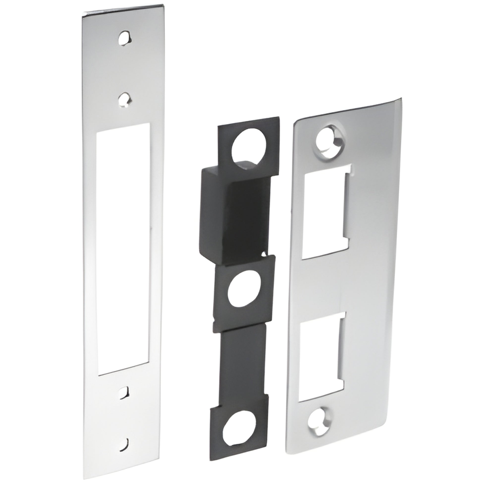 DL4520 brushed stainless steel lock strike set - two strike plates with black dust box and aluminum back-up plate for doors.