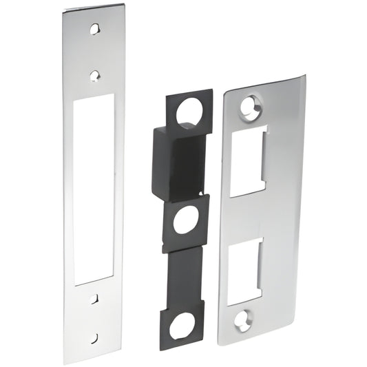 DL4520 brushed stainless steel lock strike set - two strike plates with black dust box and aluminum back-up plate for doors.