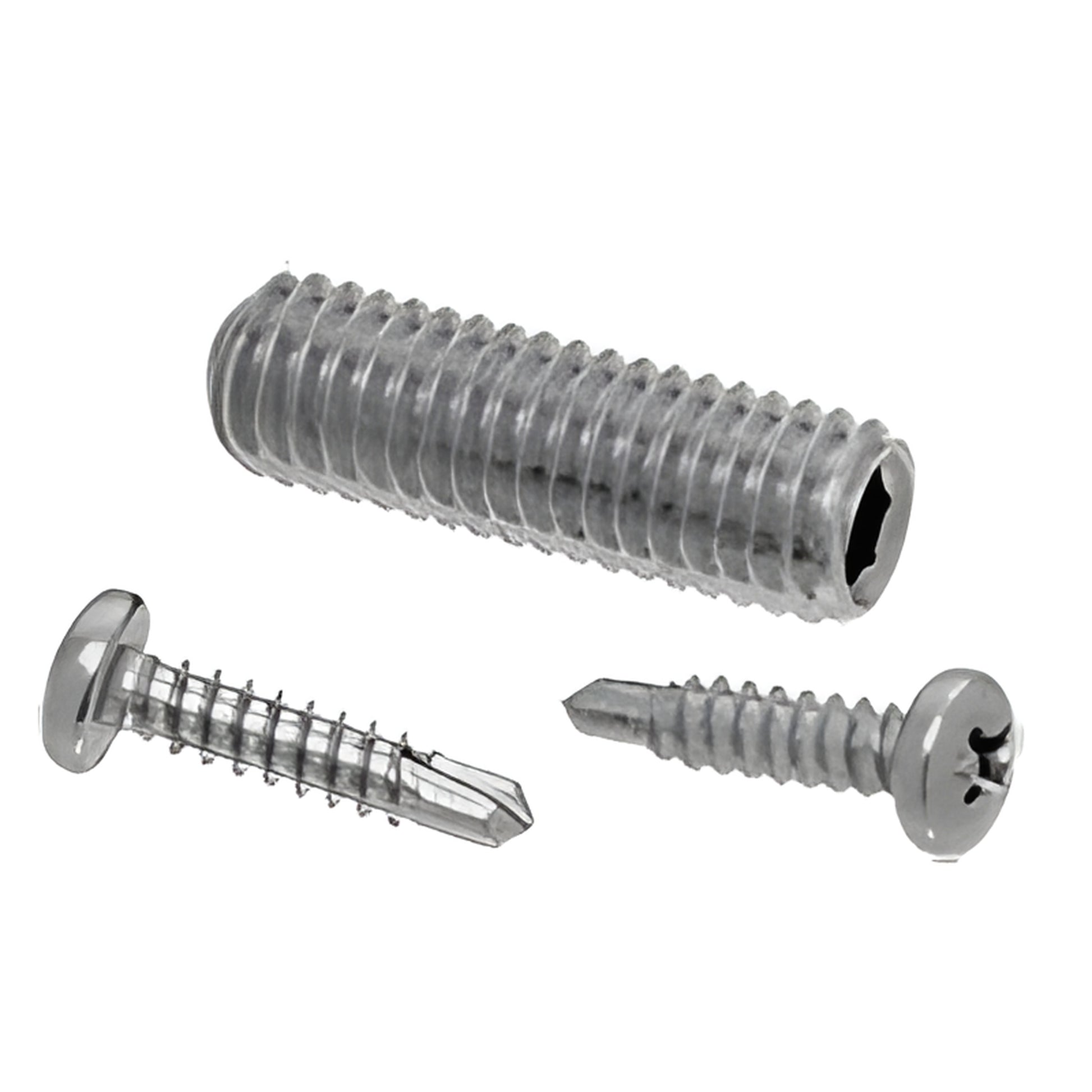 RSP2BS stainless replacement screw pack: two self-drilling Phillips pan-head screws and one 3/8-16 Allen set screw.