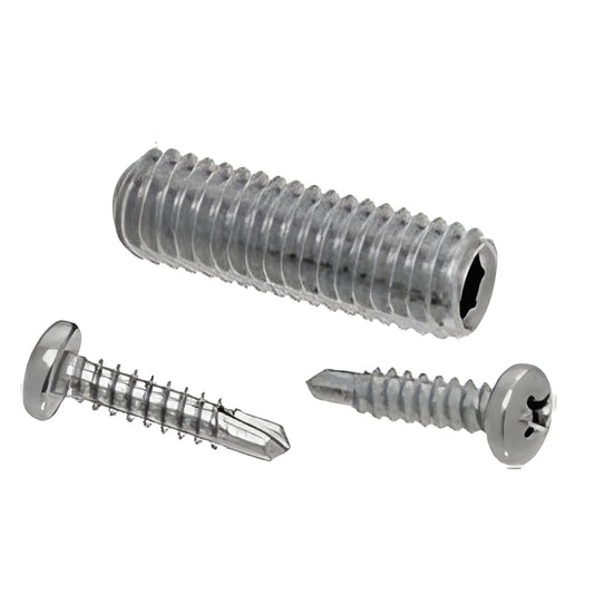 RSP2BS stainless replacement screw pack: two self-drilling Phillips pan-head screws and one 3/8-16 Allen set screw.