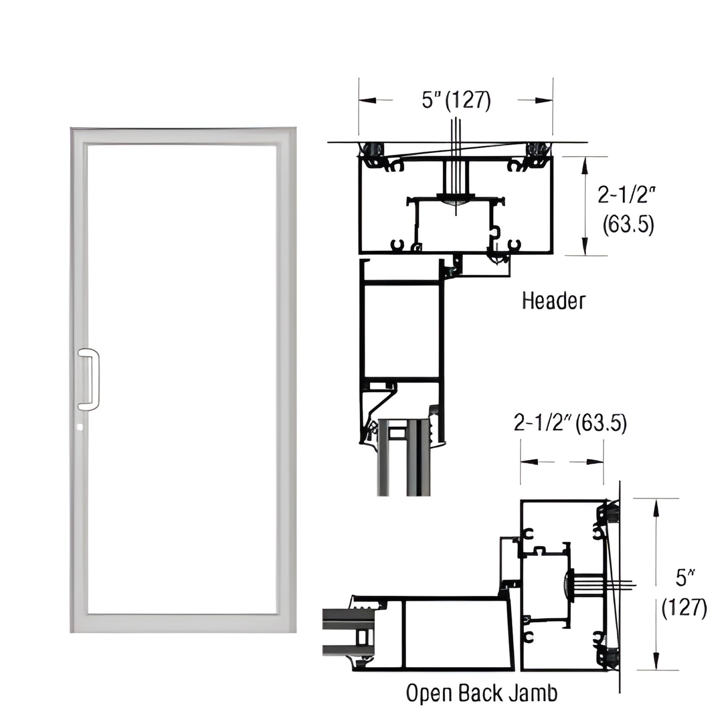Clear anodized single up/over hurricane impact door frame with open back jamb and header diagram - SKU 0F71511