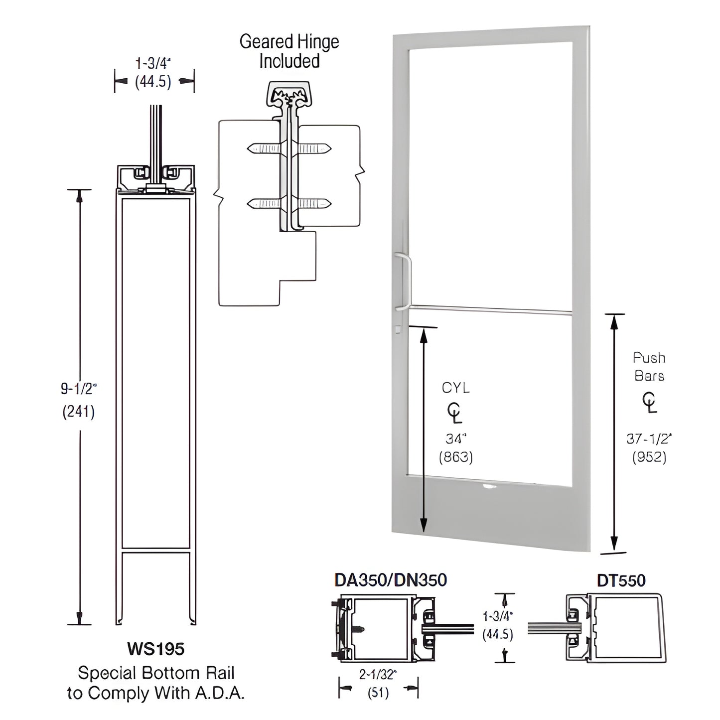 Clear anodized narrow stile 36x84 aluminum door SKU CD22811LA36 - 9.5" ADA bottom rail, prepped for glazing & hardware