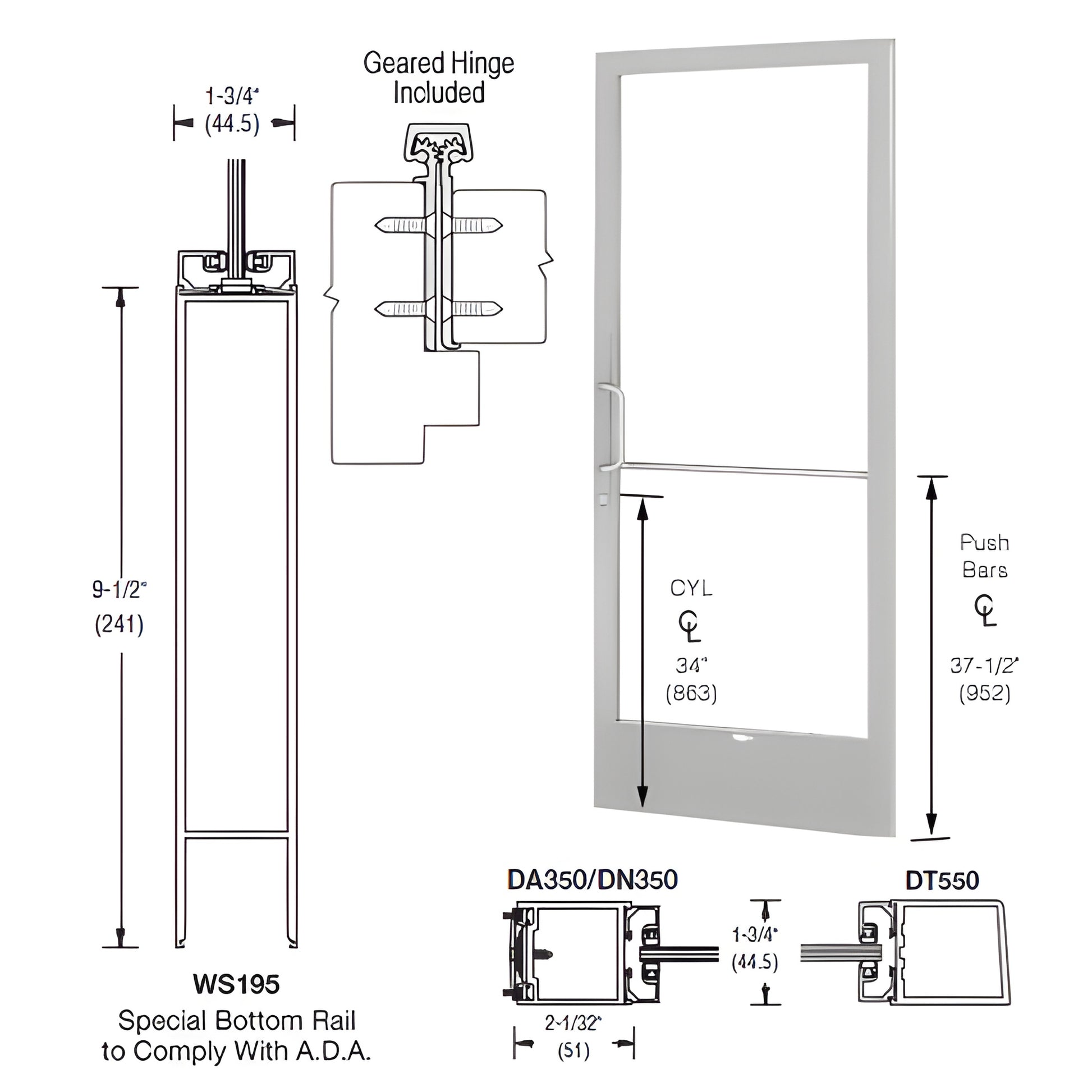 Clear anodized narrow stile 36x84 aluminum door SKU CD22811LA36 - 9.5" ADA bottom rail, prepped for glazing & hardware