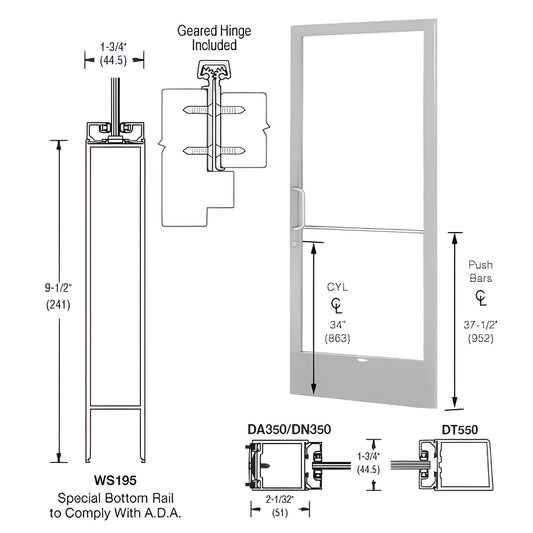 Clear anodized narrow stile 36x84 aluminum door SKU CD22811LA36 - 9.5" ADA bottom rail, prepped for glazing & hardware