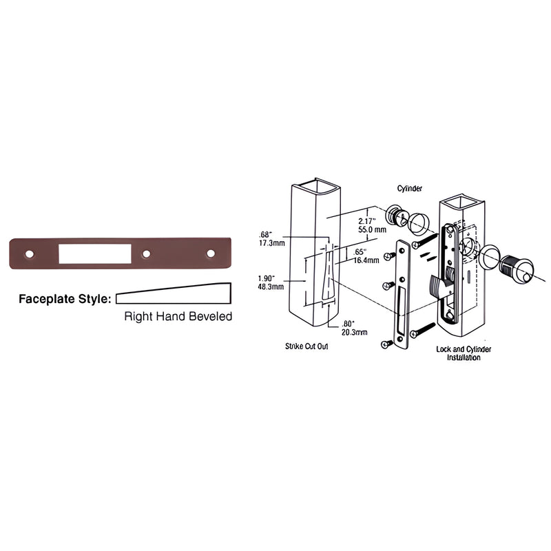 DL2135DU dark bronze beveled faceplate, 1" x 6-7/8", right-hand, for deadlocks/deadlatches