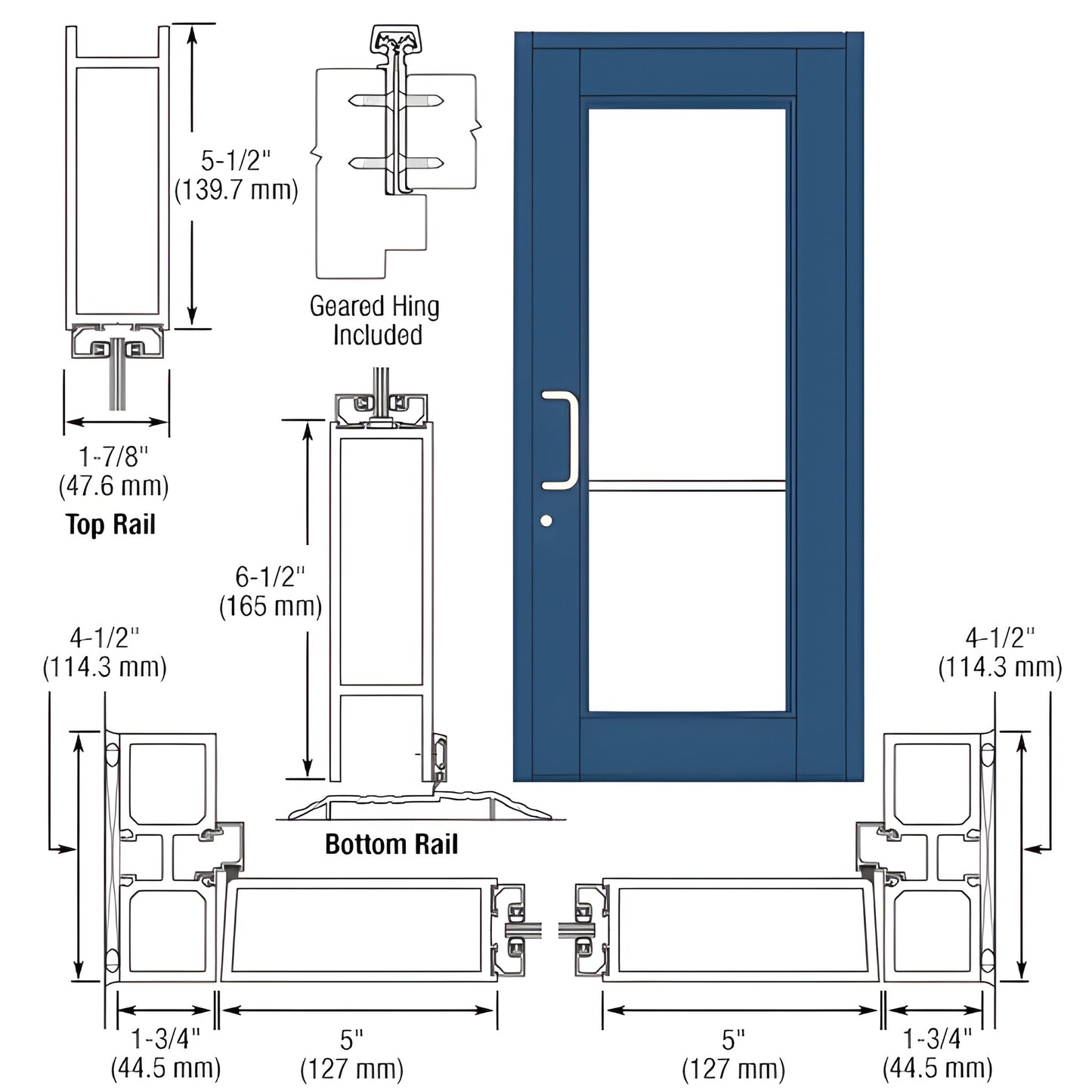 DC91871 Custom Durafront WS commercial blue entrance door with glass panel, push/pull handle, keyed lock, heavy rails.