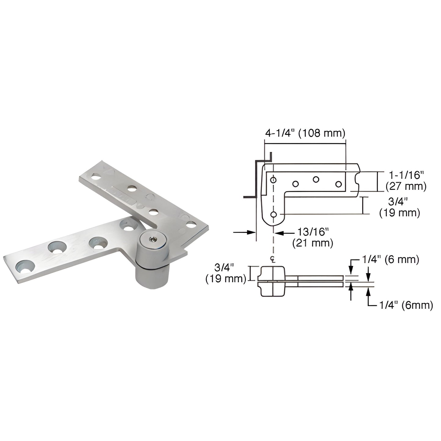 Rixson R180SC satin chrome 3/4" offset non-handed aluminum top pivot with mounting arm and dimensional diagram