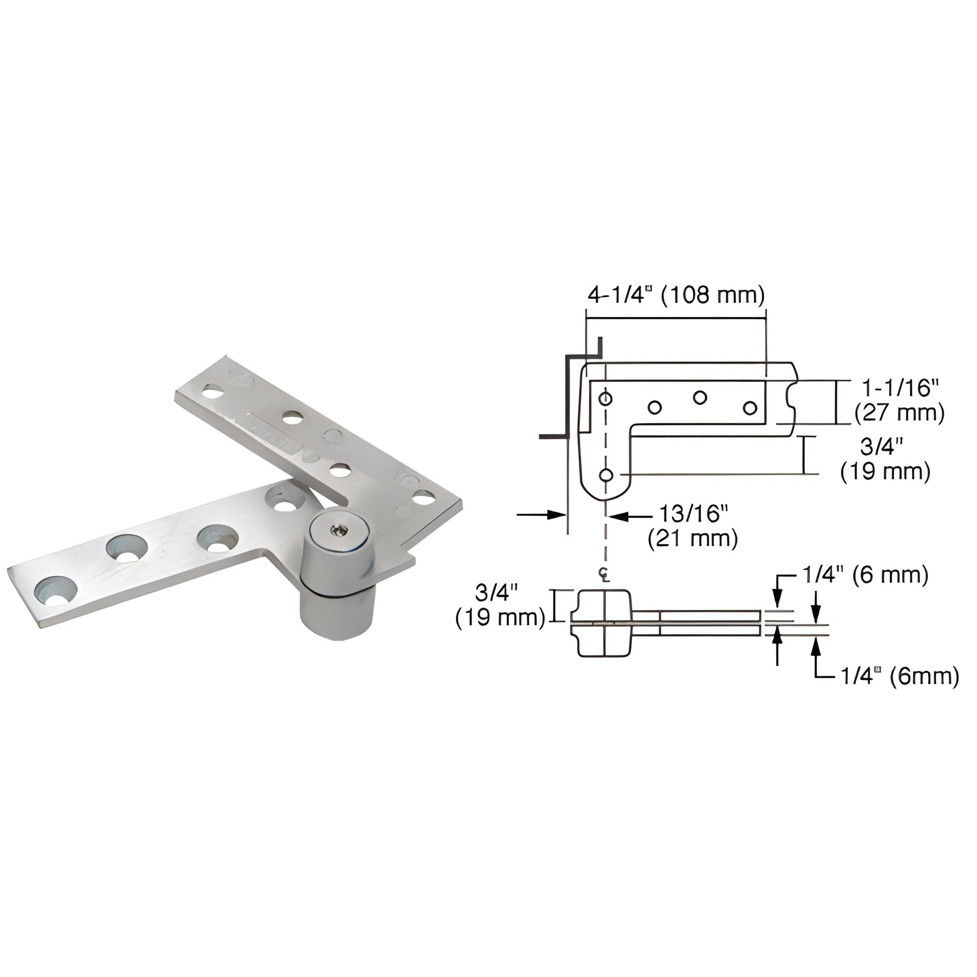 Rixson R180SC satin chrome 3/4" offset non-handed aluminum top pivot with mounting arm and dimensional diagram