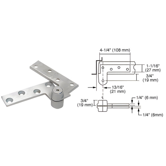 Rixson R180SC satin chrome 3/4" offset non-handed aluminum top pivot with mounting arm and dimensional diagram