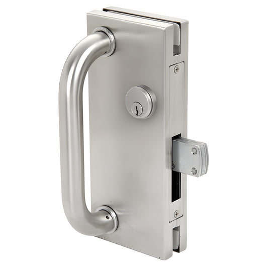 DT410BS brushed stainless steel 4x10 center lock with D-handle and deadlock for 1/2" tempered glass