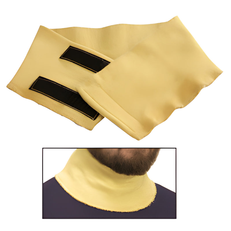Yellow knitted cut-resistant neck protector (SKU 99995) with black hook-and-loop straps, shown flat and worn - cut level 5.