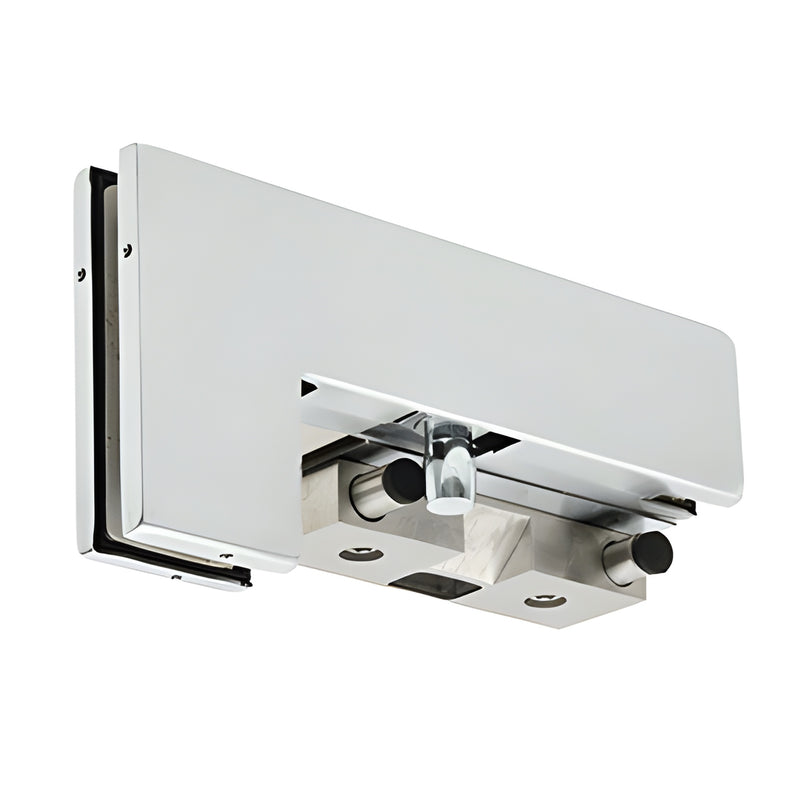 Satin anodized PH40 glass door patch stop/strike (PH40PKLSA) for 3/8-1/2" tempered glass, left-hand fitting.