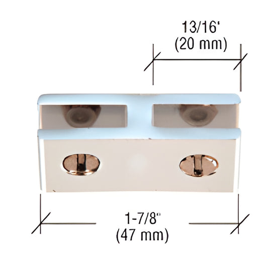 Chrome anodized aluminum two-way 180 glass connector (SKU E180A) for 5-6mm glass, 47mm wide, no-drill nylon-tip screws.