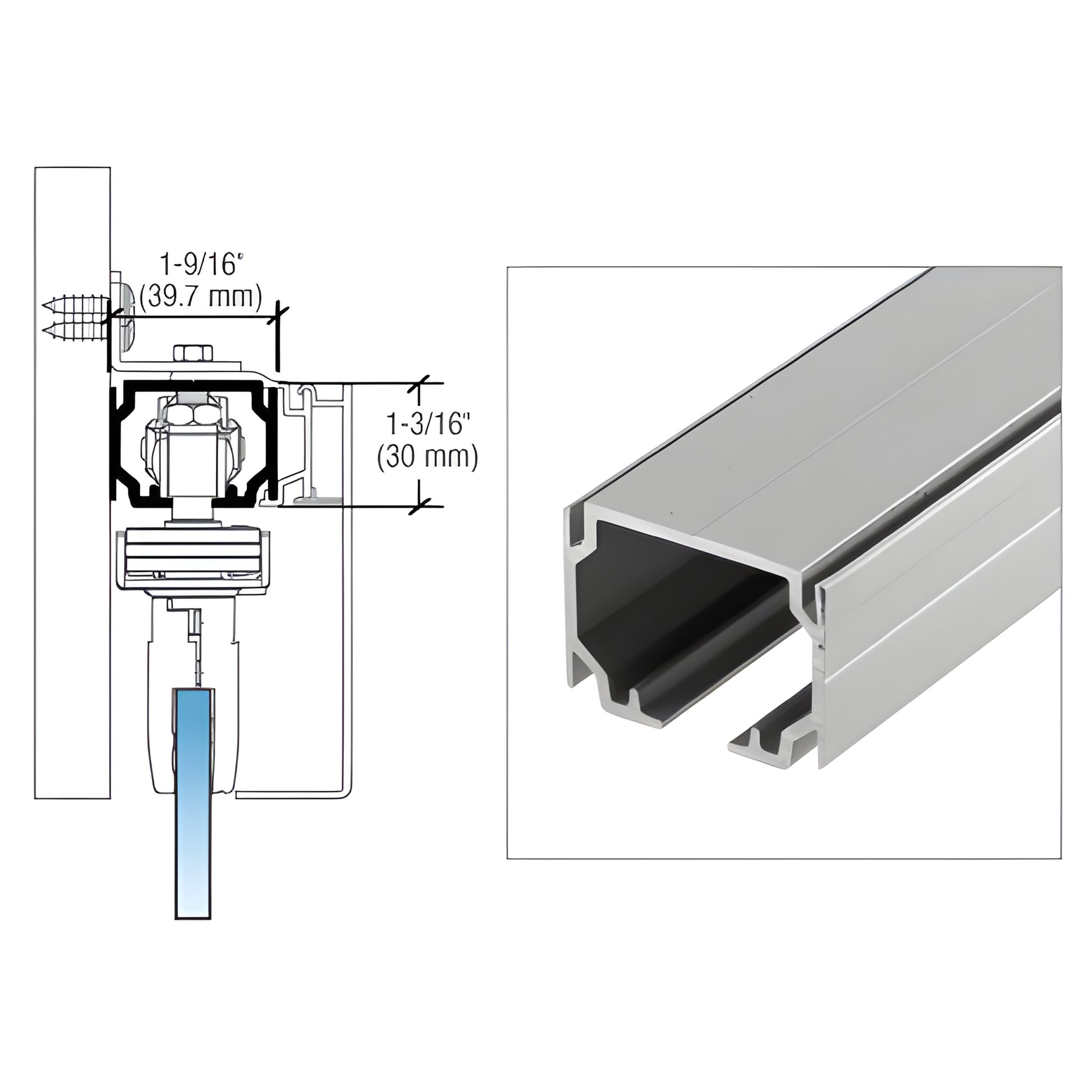 CRL3950A satin anodized CRL50 top track, 118 in. - extruded aluminum profile with technical cross-section.