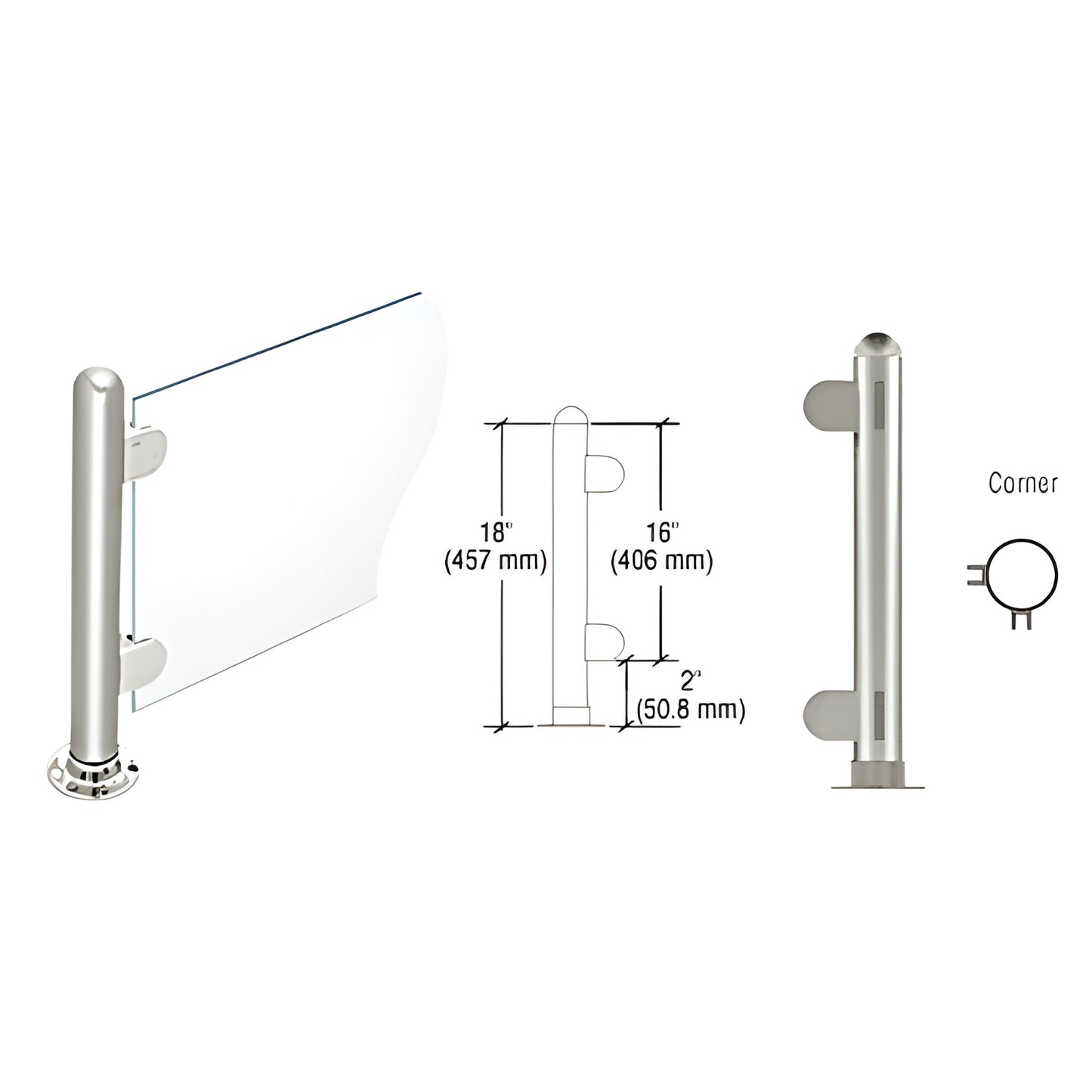 Stainless steel 18" round corner partition post (SKU PP07LPS) with dome cap, adhesive round base, Z-clamps, 2" air gap