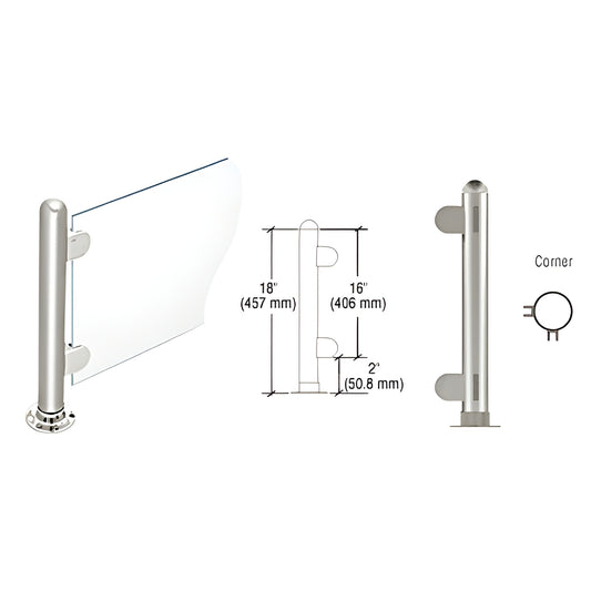 Stainless steel 18" round corner partition post (SKU PP07LPS) with dome cap, adhesive round base, Z-clamps, 2" air gap