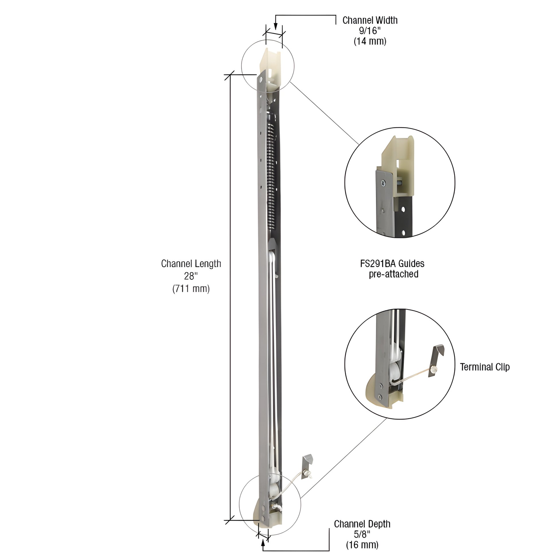 FA2730G channel sash balance, 28" long, 9/16" wide, 5/8" deep with FS291BA guides pre-attached.