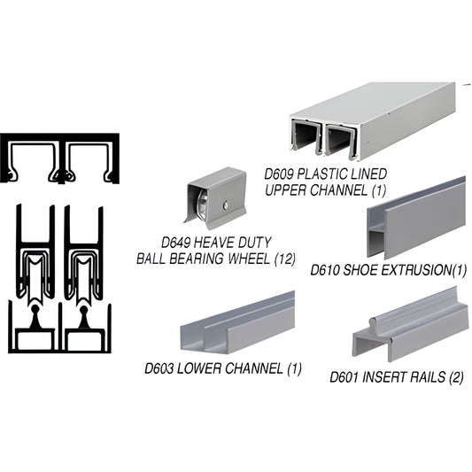 D2300ABB deluxe 12' satin anodized aluminum rolling door track assembly with D649 ball-bearing wheels and components.